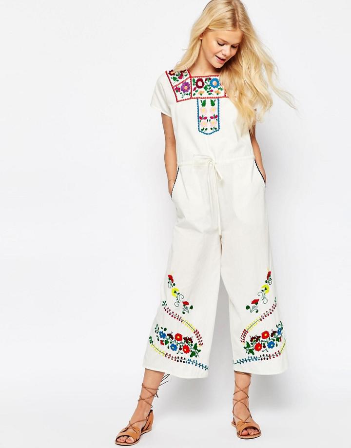 Asos Embroidered Drawstring Jumpsuit - Cream