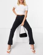 Asos Design Cotton Blend Mid Rise '90s' Straight Leg Jeans In Washed Black With Split Hem - Black