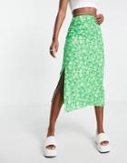 Stradivarius Midi Skirt In Green Floral Print