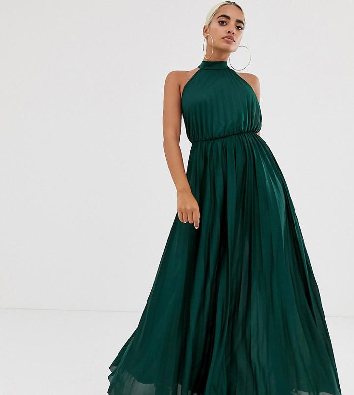 Asos Design Petite Halter Pleated Waisted Maxi Dress-green