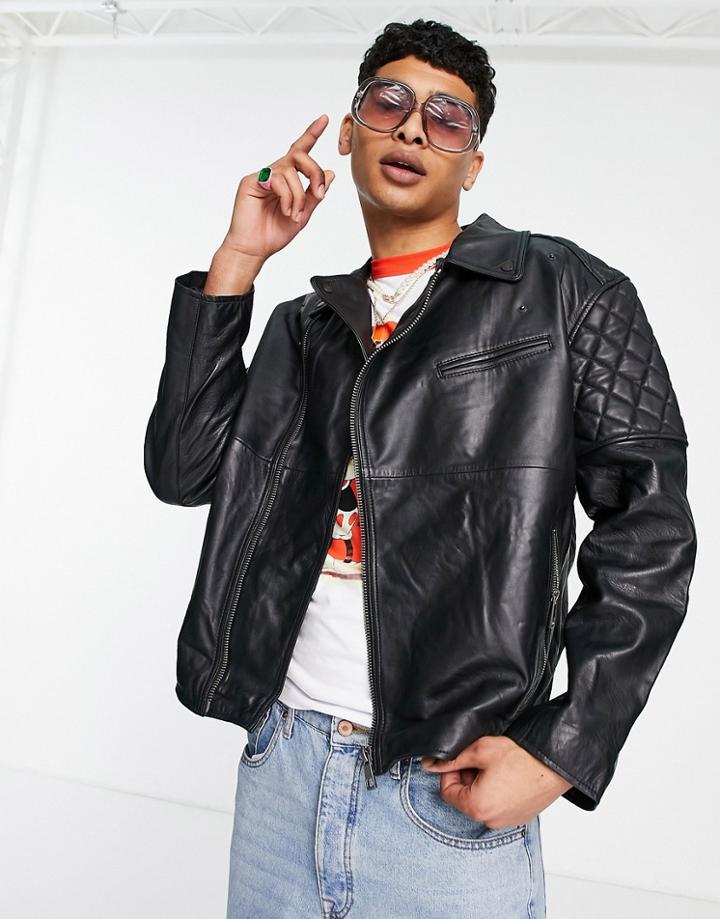 Asos Design Oversized Moto Leather Jacket With Stitch Detail In Black