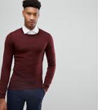 Asos Tall Muscle Fit Merino Wool Sweater In Burgundy - Red