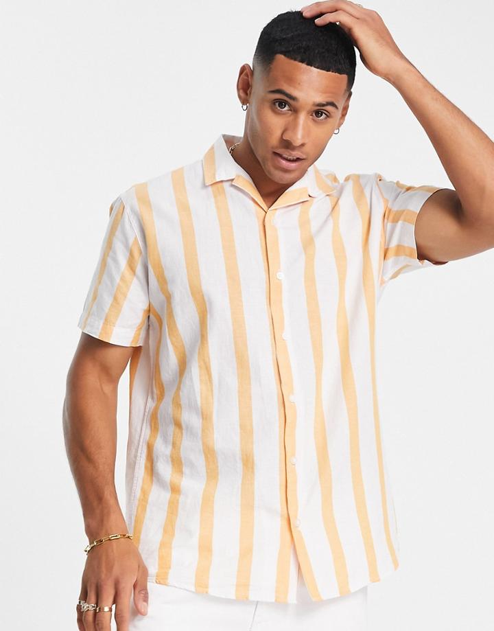 Selected Homme Linen Mix Revere Short Sleeve Shirt In Orange Stripe