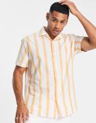 Selected Homme Linen Mix Revere Short Sleeve Shirt In Orange Stripe