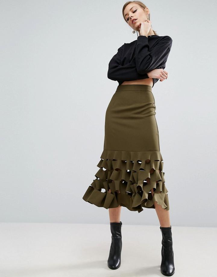 Asos Midi Skirt With Cut Hem Detail - Green