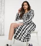 Reclaimed Vintage Inspired Button Front Volume Sleeve Midi Dress In Check-multi