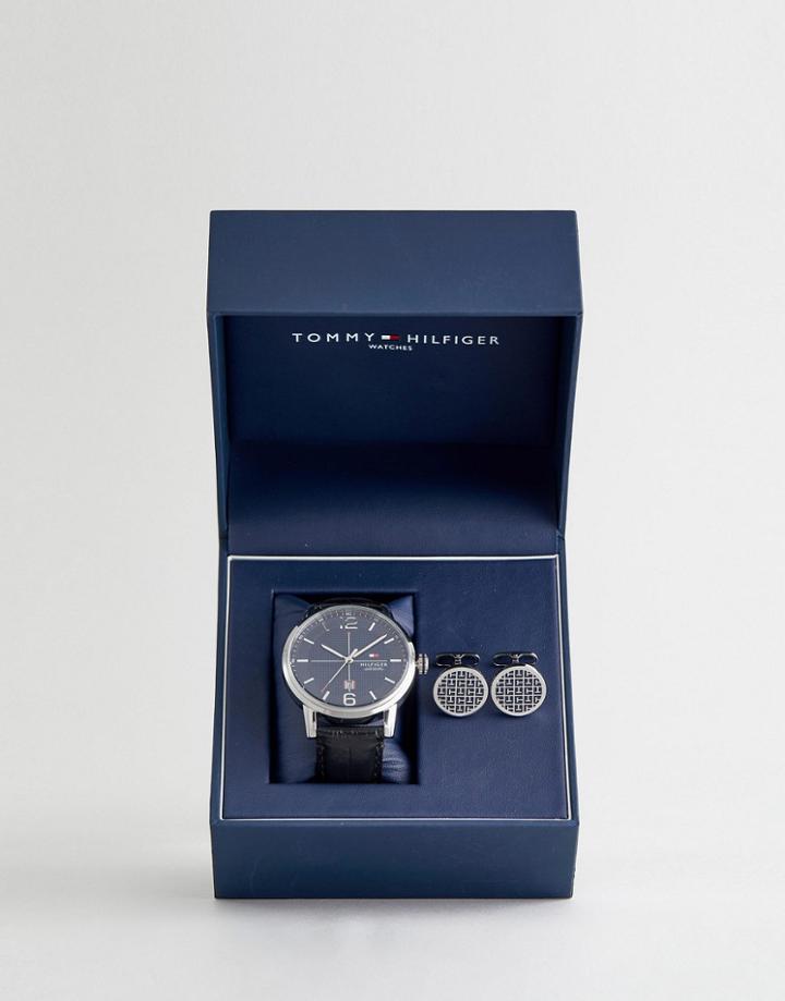 Tommy Hilfiger Black Leather Watch & Cufflink Set - Black