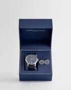 Tommy Hilfiger Black Leather Watch & Cufflink Set - Black