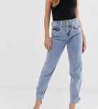Asos Design Petite Ritson Rigid High Waisted Mom Jeans In Light Vintage Wash With Belted Waist And Cuff Hem Detail-blue