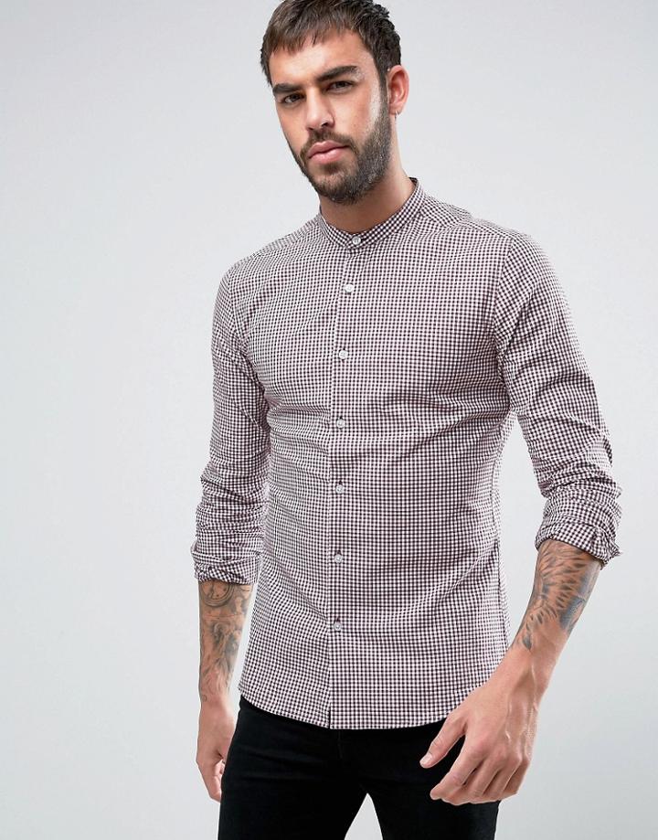 Asos Skinny Gingham Check Shirt With Grandad Collar - Red