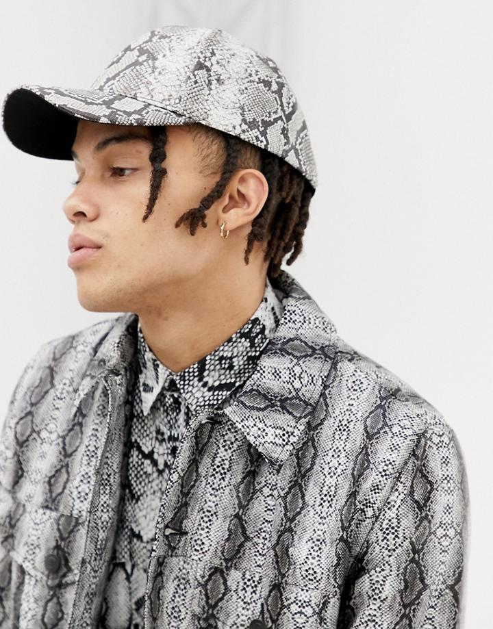 Asos Design Baseball Cap In Faux Leather Snake Print - Multi