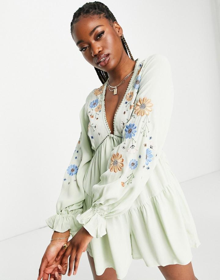 Asos Design Button Through Embroidered Romper In Mint Green