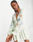 Asos Design Button Through Embroidered Romper In Mint Green