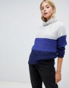 Brave Soul Roll Neck Sweater In Block Stripe - Blue