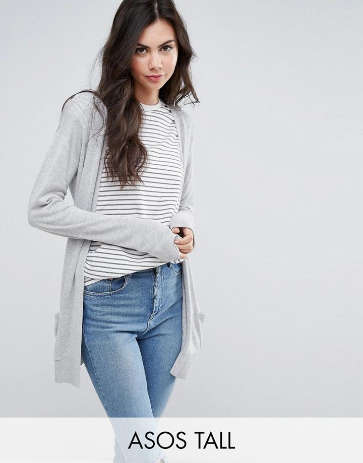 Asos Tall Cardigan In Fine Knit With Rib Detail - Gray