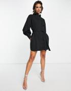 Pretty Lavish Long Sleeve Tie Waist Mini Shirt Dress In Black-white