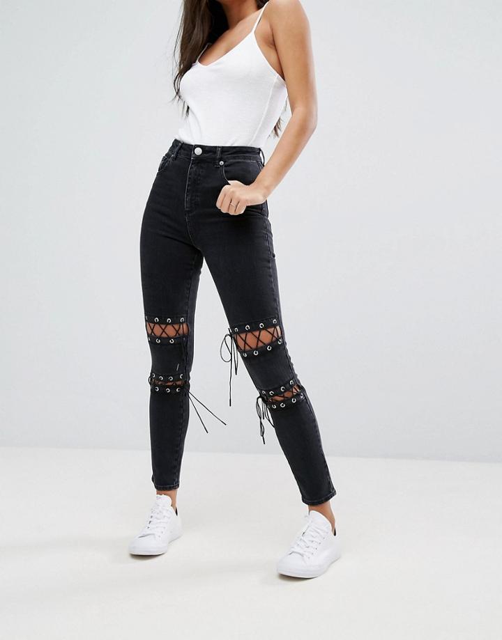 Asos Farleigh High Waisted Slim Mom Jeans In Washed Black With Tie Knees - Black