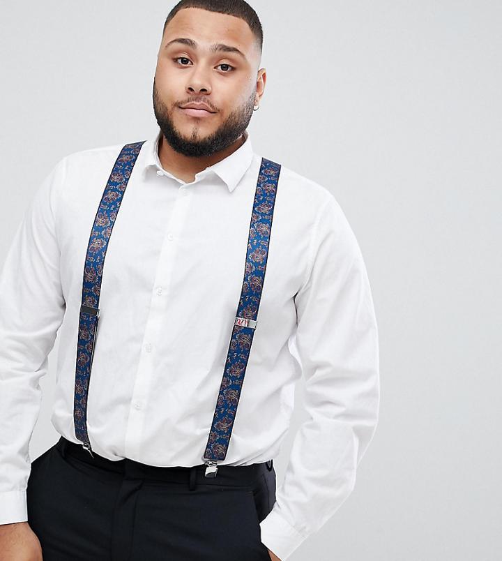Asos Design Plus Wedding Wide Suspenders In Navy With Paisley Print - Navy