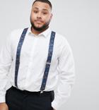Asos Design Plus Wedding Wide Suspenders In Navy With Paisley Print - Navy