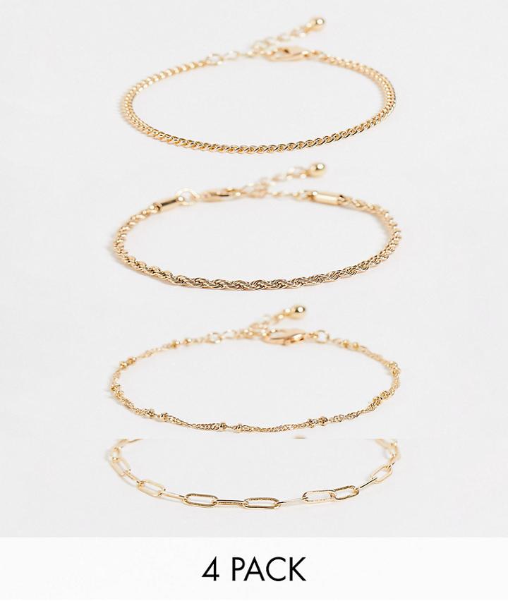Asos Design Curve Pack Of 4 Fine Chain Bracelets In Gold Tone