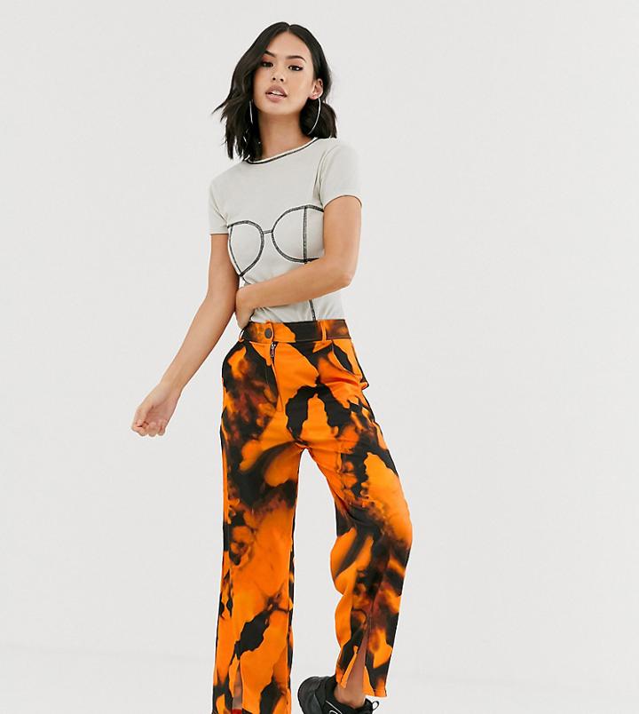 Another Reason Split Front Straight Leg Pants In Blur Print-beige