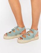 Faith Jagged Teal Ghillie Lace Up Espadrille Flatform Sandals - Teal