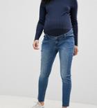 Bandia Maternity Over The Bump Ankle Graser Skinny Jean With Raw Hem And Removable Bump Band - Blue