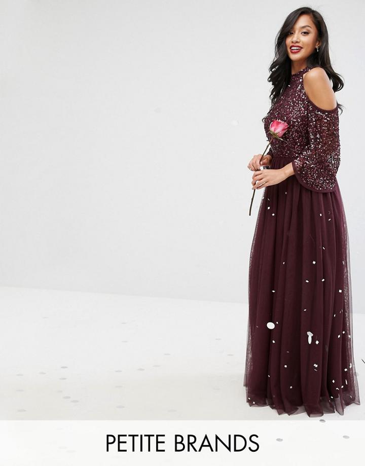 Maya Petite Cold Shoulder Maxi Dress In Tonal Delicate Sequin With Tulle Skirt And Kimono Sleeve - Red