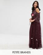 Maya Petite Cold Shoulder Maxi Dress In Tonal Delicate Sequin With Tulle Skirt And Kimono Sleeve - Red