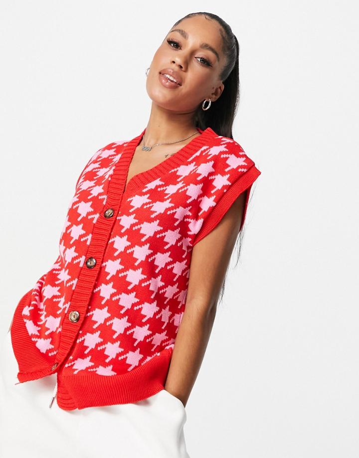 Naanaa Houndstooth Knitted Cardigan Tank In Red And Pink