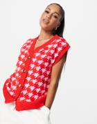 Naanaa Houndstooth Knitted Cardigan Tank In Red And Pink