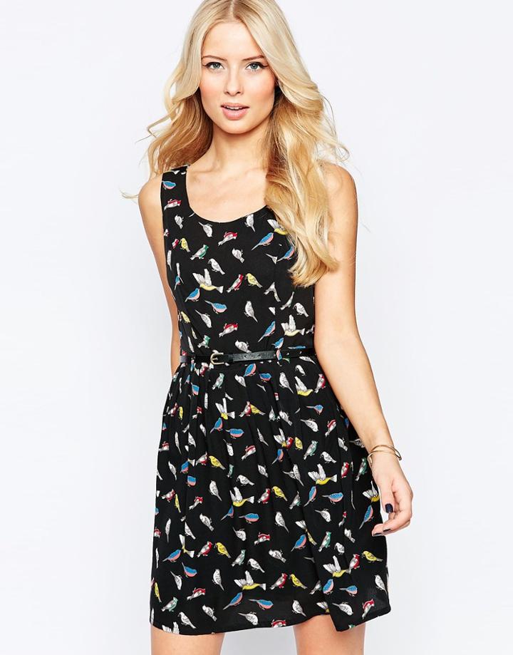 Iska Belted Skater Dress In Bird Print - Black