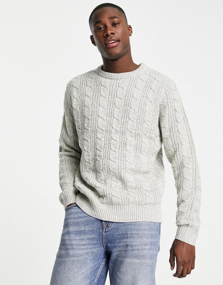 French Connection Cable Crew Neck Sweater In Light Gray-white