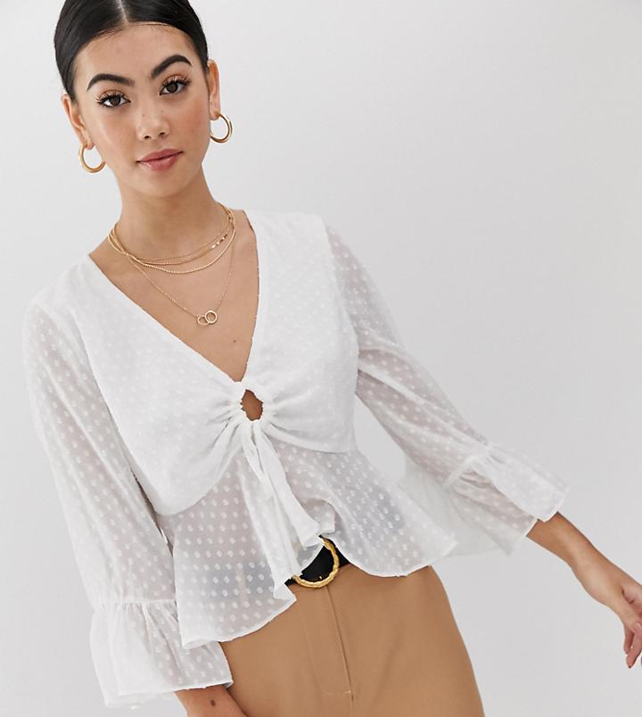 Fashion Union Petite Tie Front Blouse In Dobby Chiffon - Cream