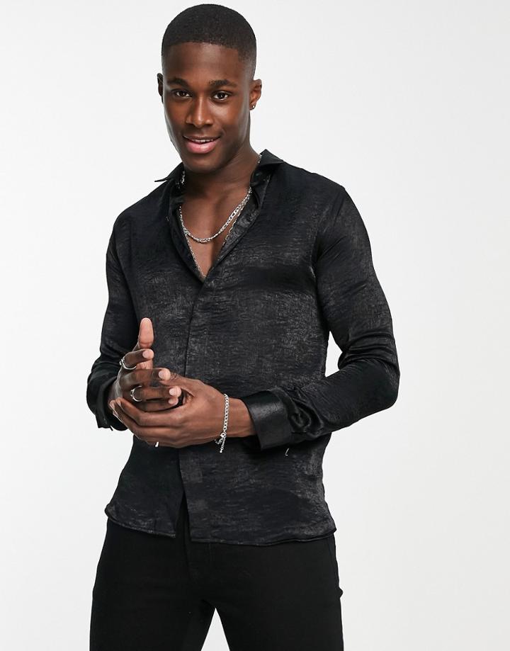 Twisted Tailor Corrigan Skinny Shirt In Black Crushed Velour