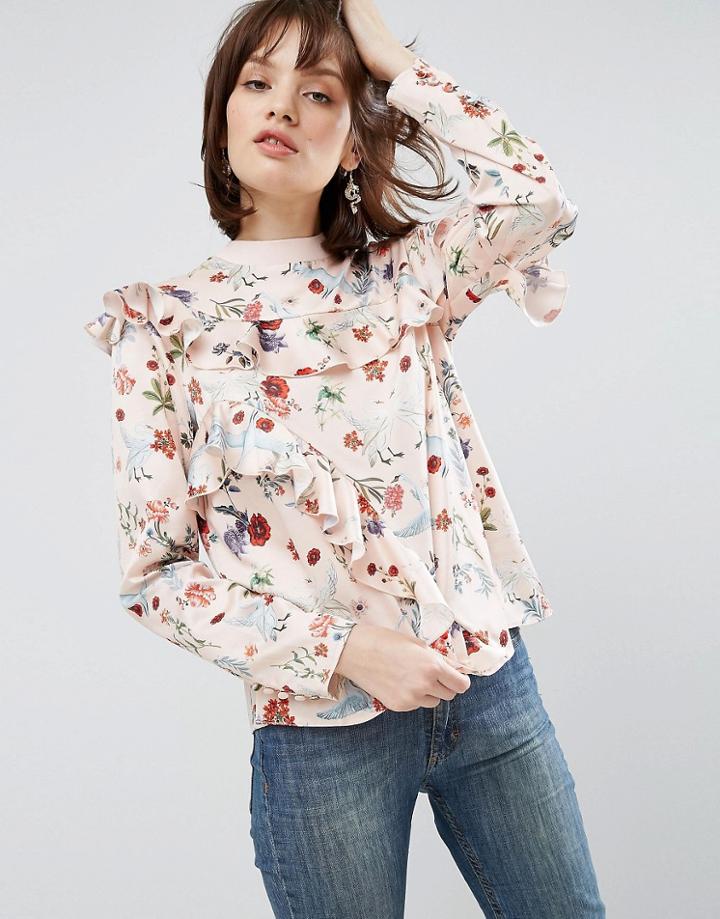 Asos Premium Satin Sweat Top With Ruffles In Swan Print - Multi