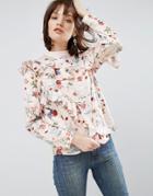 Asos Premium Satin Sweat Top With Ruffles In Swan Print - Multi
