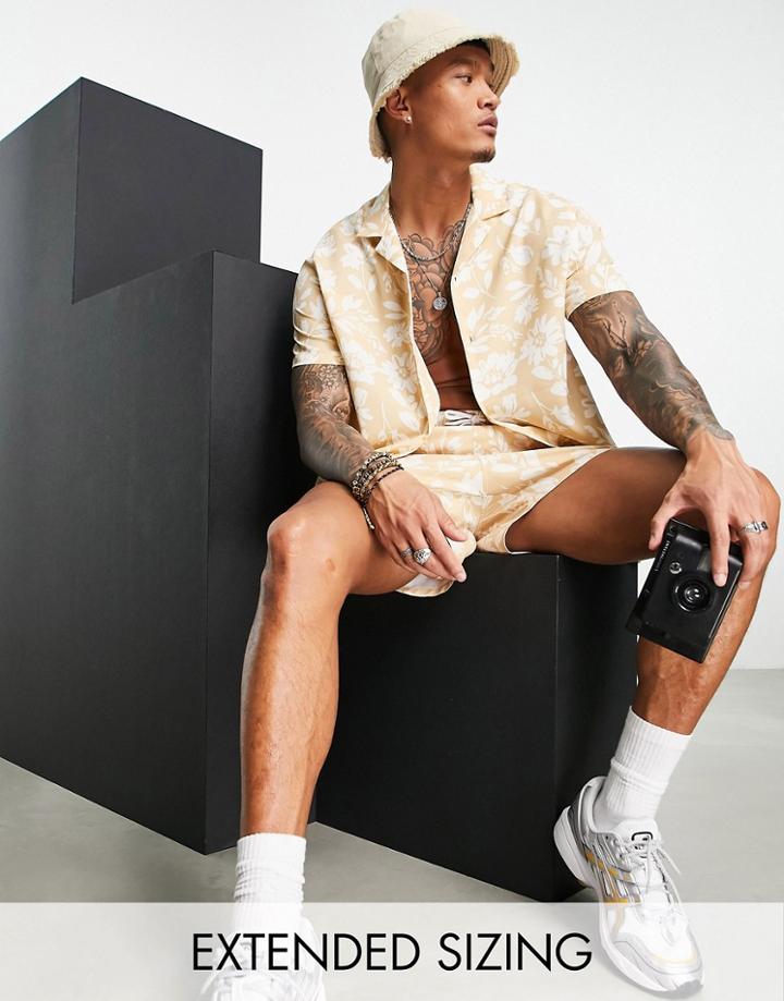 Asos Design Relaxed Revere Shirt In Beige Floral - Part Of A Set-neutral