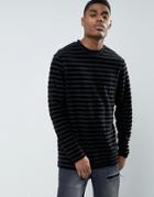 Asos Longline Long Sleeve T-shirt With Velour Stripe - Black