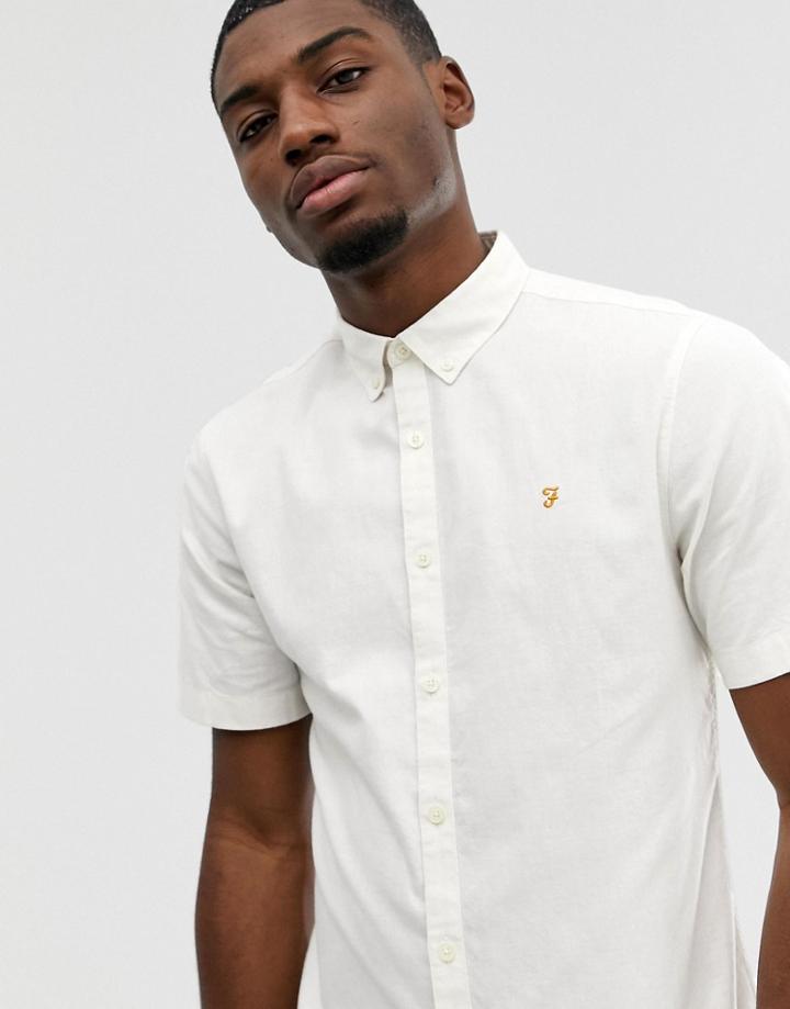 Farah Steen Slim Fit Short Sleeve Oxford Marl Shirt In Ecru-white