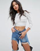 Missguided Ribbed Striped Long Sleeve Top - White