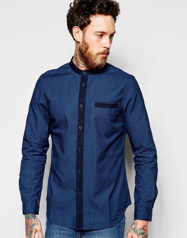 Edwin Grandad Collar Shirt In Mid Indigo And Dark Details