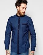 Edwin Grandad Collar Shirt In Mid Indigo And Dark Details