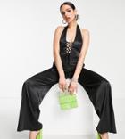 Asyou Satin Halter Wide Leg Jumpsuit In Black