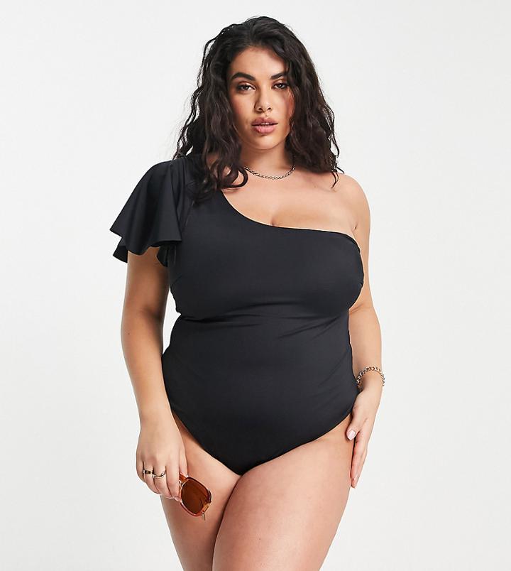 Asos Design Curve Flutter Sleeve Swimsuit In Black