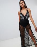 Rare London Lace Up Plunge Tie Back Illusion Maxi Dress-black