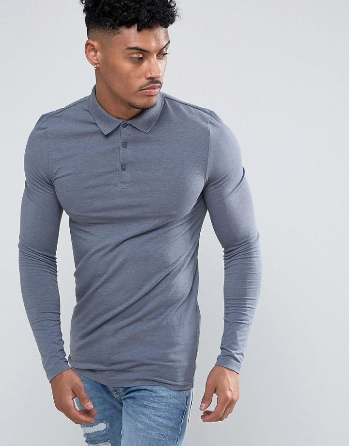 Asos Extreme Muscle Long Sleeve Polo In Jersey In Blue Marl - Blue
