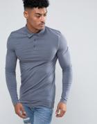 Asos Extreme Muscle Long Sleeve Polo In Jersey In Blue Marl - Blue