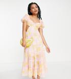 Miss Selfridge Petite Chiffon Bow Back Tiered Maxi Dress In Pink Floral