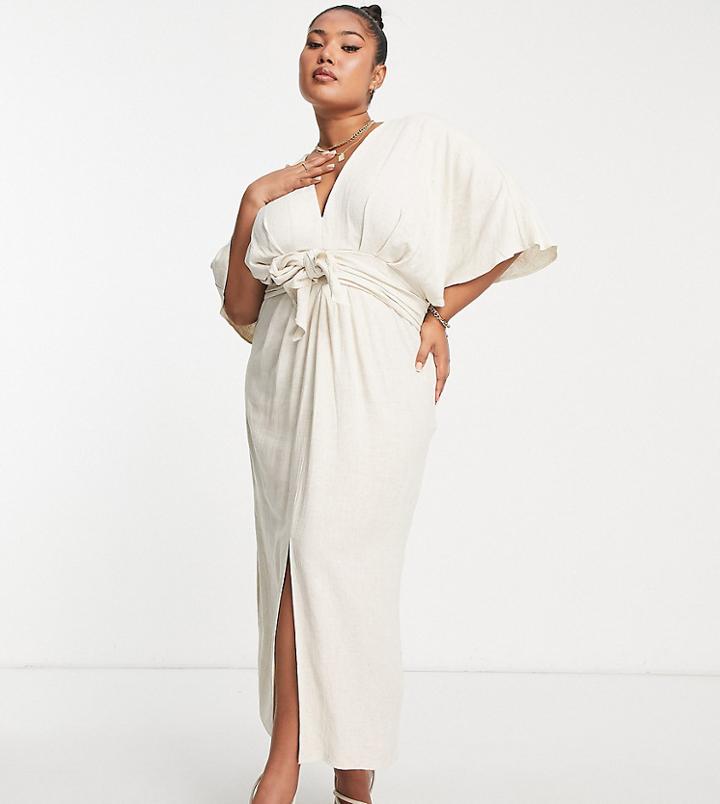 Asos Design Curve Batwing Tie Front Linen Midi Dress In Natural-neutral